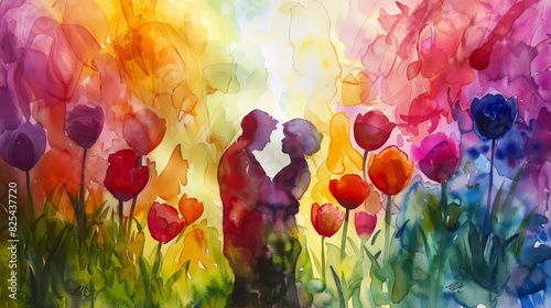 A vibrant watercolor painting of two figures embracing in a field of tulips