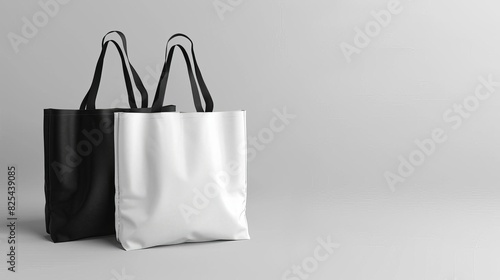 blank white and black tote bags mockup on grey background for advertising and branding 3d illustration