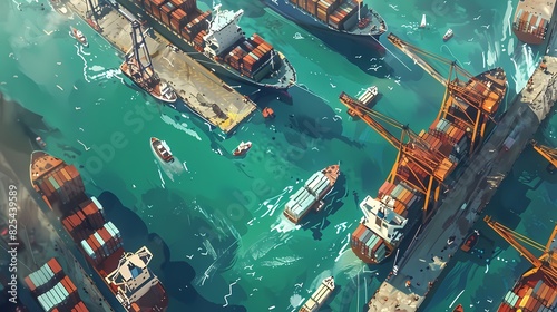 Illustrate a bird's-eye perspective of a bustling industrial port, with cargo ships, cranes, and containers being loaded and unloaded along waterfront docks