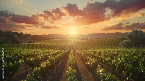 A scenic vineyard with rows of grapevines and a beautiful sunset. 8k, realistic, full ultra HD, high resolution and cinematic photography