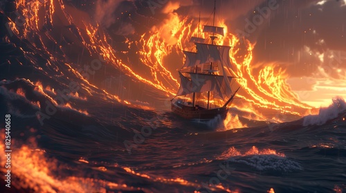 Title: A ship sails in the ocean with crazy waves made of molten lava, indicating extreme ocean heating. Global warming concept.