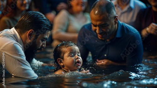 A touching image of a baptism ceremony, showing the immersion in water and the joy of the participants, symbolizing purification and rebirth. Perfect for religious celebrations