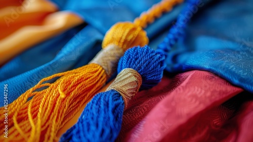 Colorful Tassel Hanging From Blue Curtain