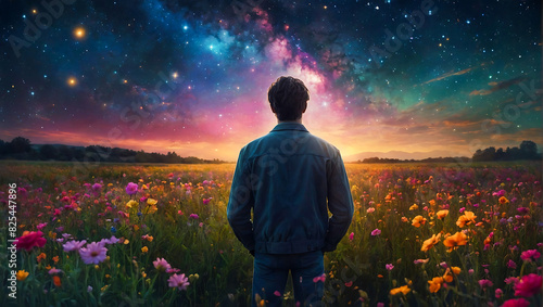 Elegant portrait of a man standing amidst a vibrant and colorful field of flowers with a sky full of stars and galaxies
