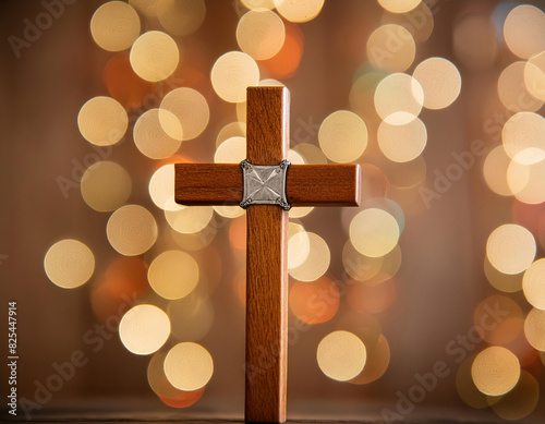 cross on wooden table with bokeh lights, christmas and new year concept.