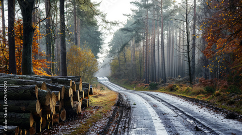 A road in the forest with stacked wood for commercial use. 