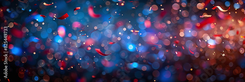 horizontal banner, red and blue confetti in the air, bokeh lights, cool channel header