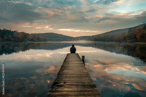 Osoba siedząca na molo z widokiem na spokojne jezioro o zachodzie słońca