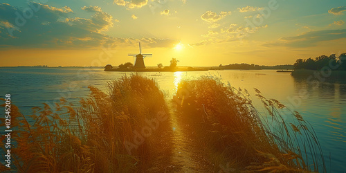 A beautiful sunset over a body of water with a windmill in the background