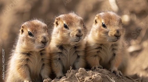Close-up of three young black-tailed prairie dogs