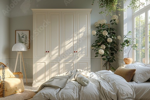 A bedroom with a white dresser and a white bed with a white comforter