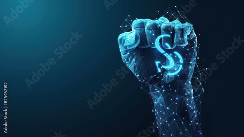 Sign language S letter, raised up clenched fist gesture. Polygonal space low poly style. Deaf people silent communication. Connection wireframe. Raster on dark blue background