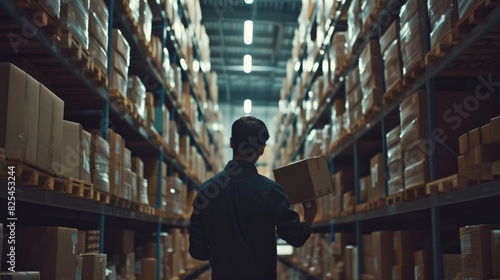 Professional project manager hands walking and checking product at warehouse. Start up business man working on machine while walking at storage surrounded with box with blurring background. AIG42.