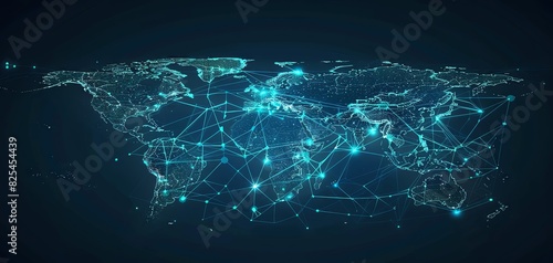 Abstract world map with glowing lines and dots, representing global connectivity