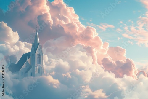 Tranquil church steeple rises elegantly against a backdrop of soft, ethereal clouds in pastel sunset hues