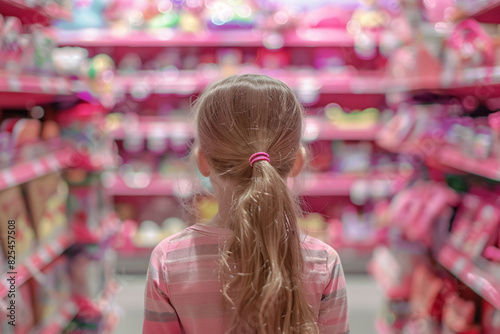 Young girl child in toy shop full of shelves with stereotypical pink toys