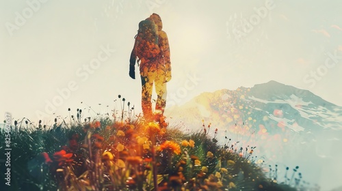 Enchanting double exposure of a hiker conquering a mountain peak