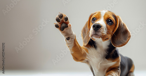 A cute little dog with brown, white, and black fur is wagging its tail and looking up at the camera. beagle raising one paw to give high five islolated on a white background