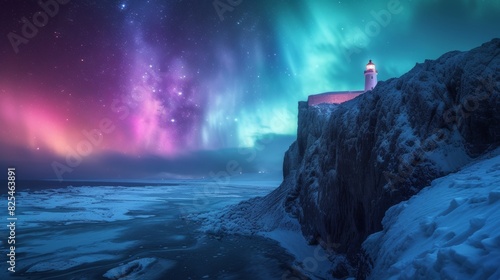 Lighthouse on cliff by sea with beautiful aurora northern lights in night sky in winter.