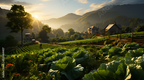 a picturesque sunrise over a rural farm landscape, highlighting the various cultivated plots