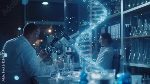 Research scientist is studying a glowing 3D DNA molecular model in a biochemistry lab