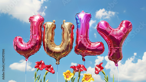 july pink and gold foil balloons against blue summer sky