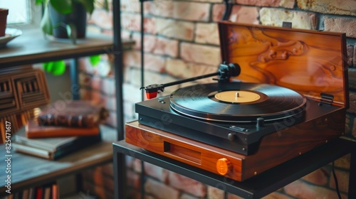 A vintage record player stands proudly on a retro bar cart ready to spin classic vinyl albums at the touch of a button.