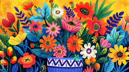 A vibrant and playful illustration of multiple flowers in a decorative pot, with bright colors and dynamic shapes