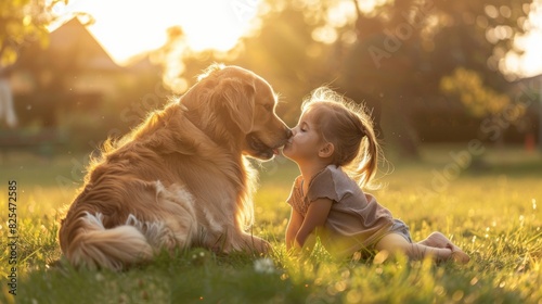 Dog and child kissing on lawn in outdoor park