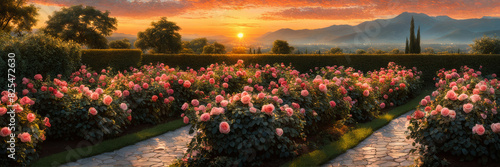Blooming gardens filled with roses that shimmer in the sunset rays. The banner.