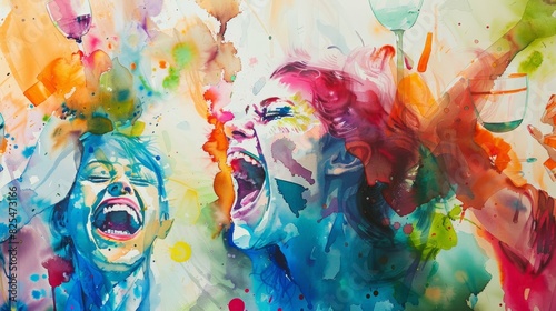 Joyful watercolor painting depicting celebratory mood of a party