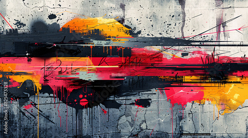 An illustration of abstract graffiti art with layered textures and vivid spray paint effects on a rough wall surface