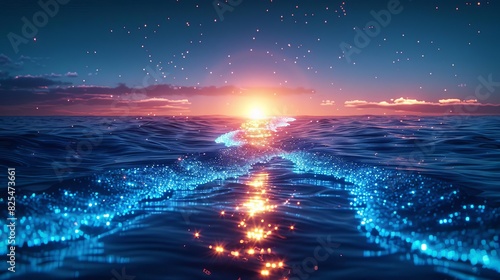 Blue tide of glowing pixels washing over a serene virtual beach