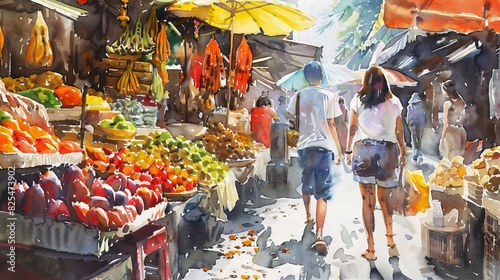 Lively watercolor painting of a tourist exploring a bustling street market