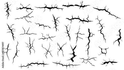 Crack, fissure, crevice vector illustration set black and white. Abstract design damaged texture and fractured dirty template. Hole cracked outline and scratch art effect wall