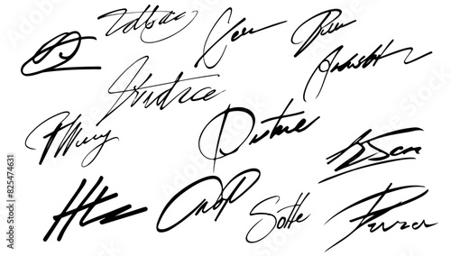 Collection of vector signatures fictitious Autograph illustration. Contract document handwriting scribble pen and agreement sign doodle. Elegance signing text sketch fake and perfection