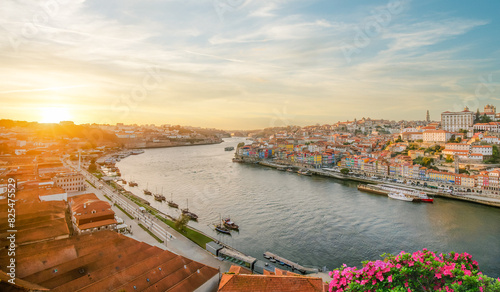 Porto, Portugal - Panoramic view of Oporto old town at sunset.