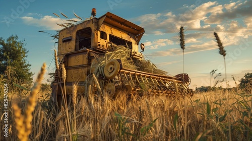 Realistic picture of a golden wheat thresher entangled in tall grasses on an overgrown farm