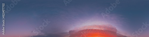 Red burning sunset sky panorama with Cumulus clouds. Seamless hdr 360 pano in spherical equirectangular format. Sky dome or zenith for 3D visualization, sky replacement for aerial drone panoramas