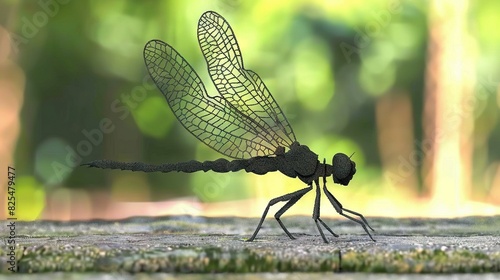  A sharp image of a dragonfly perched on a wooden table against a soft focus backdrop of tree trunks