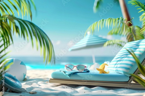 tropical beach with sunbathing accessories summer holiday concept 3d illustration