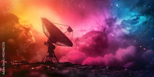 Satellite dish receives TV signals from space satellites for data entertainment. Concept Satellite Communication, TV Broadcasting, Space Technology, Entertainment Industry