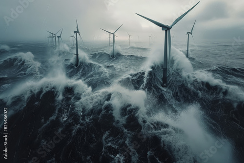 Wind Turbines in Stormy Sea - Renewable Energy 