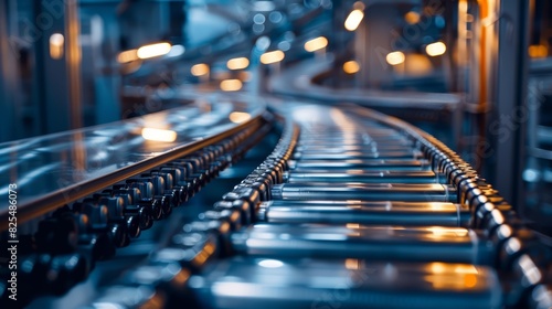 A close up of a stateoftheart conveyor belt system, efficiently transporting products through various stages of production, highlighted by a cinematic look for dynamic presentation
