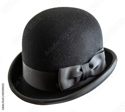 Classic black bowler hat with elegant bow ribbon, cut out - stock png.