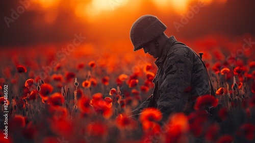 Background design for Remembrance Day. Soldier silhouette in a poppy field.