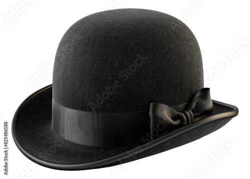 Classic black bowler hat with elegant bow ribbon, cut out - stock png.