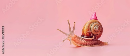A snail in a tiny artists beret and holding a paintbrush, set against a solid pastel pink background with copy space