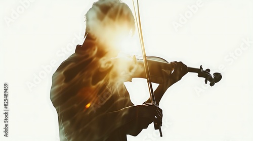 Emotional portrait of a violinist playing the violin with bright backlight