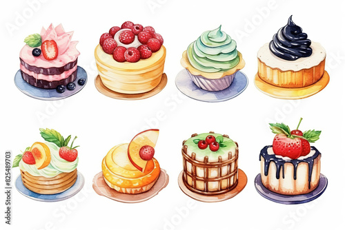 watercolor clipart illustration, various of small mini fruits cake, strawberry, cherry, berries, chocolate sauce, jam, isolated PNG transparent background
